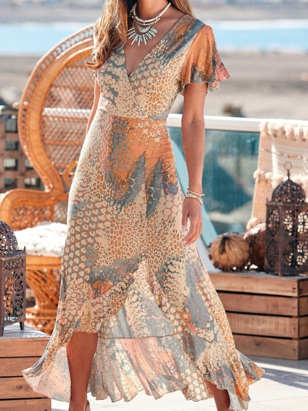 Bohemian High-Low Wrap Dress in Peach Floral